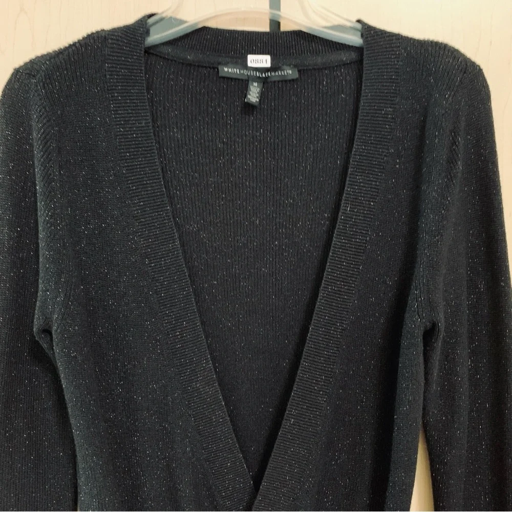 White House Black Market Women's Pullover Shimmer V-Neck Wrap Sweater Black‎ M